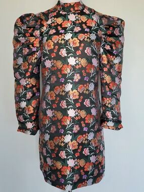 NWT LOST INK Black Orange Jacquard Floral Long Puff-Sleeve Sheath Dress Sz Small